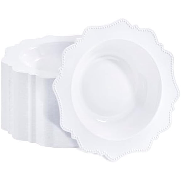60 Pack White Plastic Bowls, 12 oz Disposable Soup Bowls, Premium Plastic Dinner Bowls,Heavy-duty Dessert Salad Bowl for Party, Wedding, Dinner, and Catering
