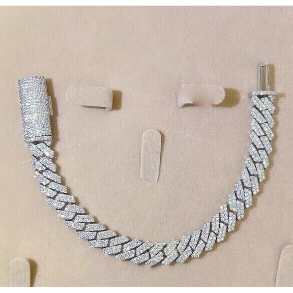 10mm Lab Created 12CT Round Cut Diamond Mens Cuban Link Bracelet 14k White Gold Plated Silver