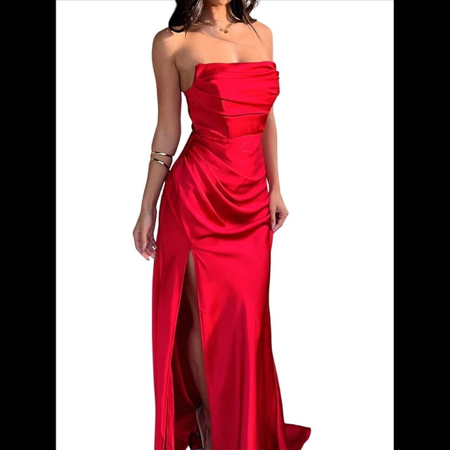Vestido Elegante de Noche para Mujer, Sin Mangas, con Hombros Descubiertos, Ajustado, y Formal para Fiesta. Rojo M