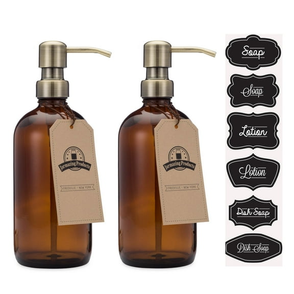 Jarmazing Products Amber Glass Jar Soap and Lotion Dispenser - 2 Pack - with Brass Pump - 16 oz