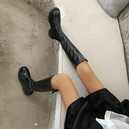 

NEGJ Women Mid Calf Boots Autumn And Winter Fashion And Comfortable Solid Color Platform Square Heel Back Zipper