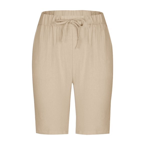 JMYHOAM Women's Linen Cotton Shorts Elastic Waist Drawstring Solid Color Casual Shorts with Lace Crochet Splice Summer Breathable Rolled Hem Shorts with Pockets