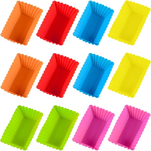 Casewin - 12 moldes rectangulares de silicona reutilizables para magdalenas y muffins, antiadherentes, para pan pequeño (color aleatorio)