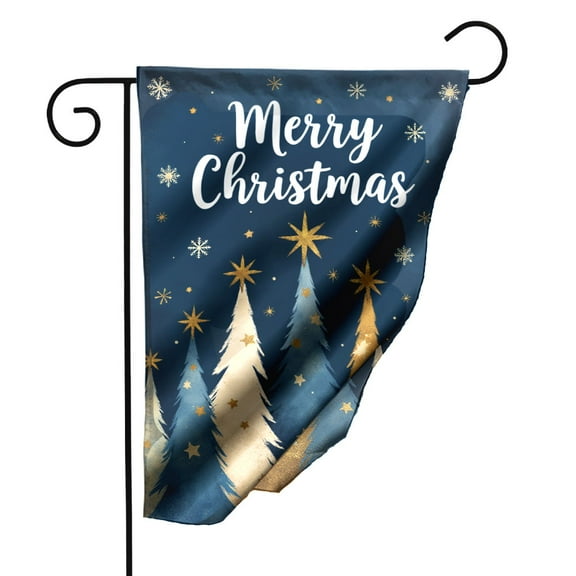 Vintage Christmas Garden Flag with Blue Gold Pine Trees and Starry Night Sky Double Sided Polyester Outdoor Decorative Flag for Yard Patio Holiday Decor 12.5 x 18 Inch Merry Christmas Seasonal Banner