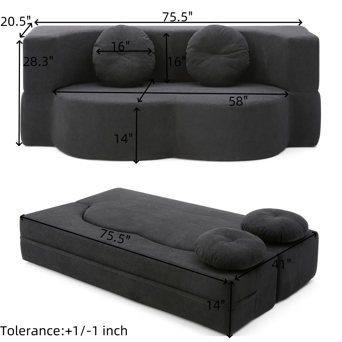 Leumius 2-in-1 Folding Sofa Bed with Pillow,Twin Sleeper Sofa,Floor & Futon Loveseat Couch,Foam Folding Mattress Sleeper for Living Room,Office,Apartment,Black