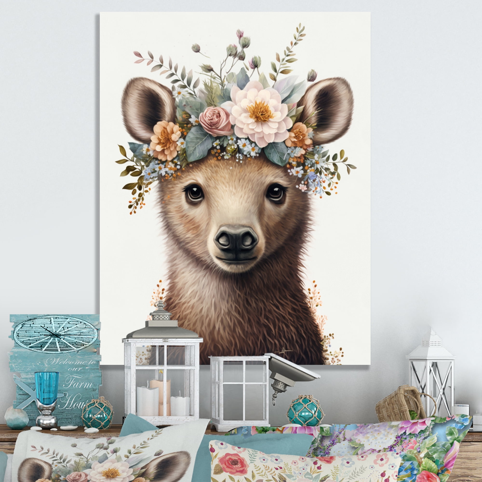 Designart Cute Baby Bear With Floral Crown IV Canvas Wall Art