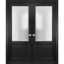 Solid French Double Doors | Lucia 22 Matte Black with Frosted Glass | Wood Solid Panel Frame Trims | Closet Bedroom Sturdy Doors