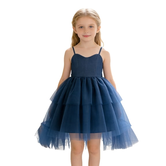 MEZZALL Dresses Girls Formal Dress Sleeveless Tiered Gown With Train Party Pageant Comfort Kids Crew Neck Solid Color Child Sundress