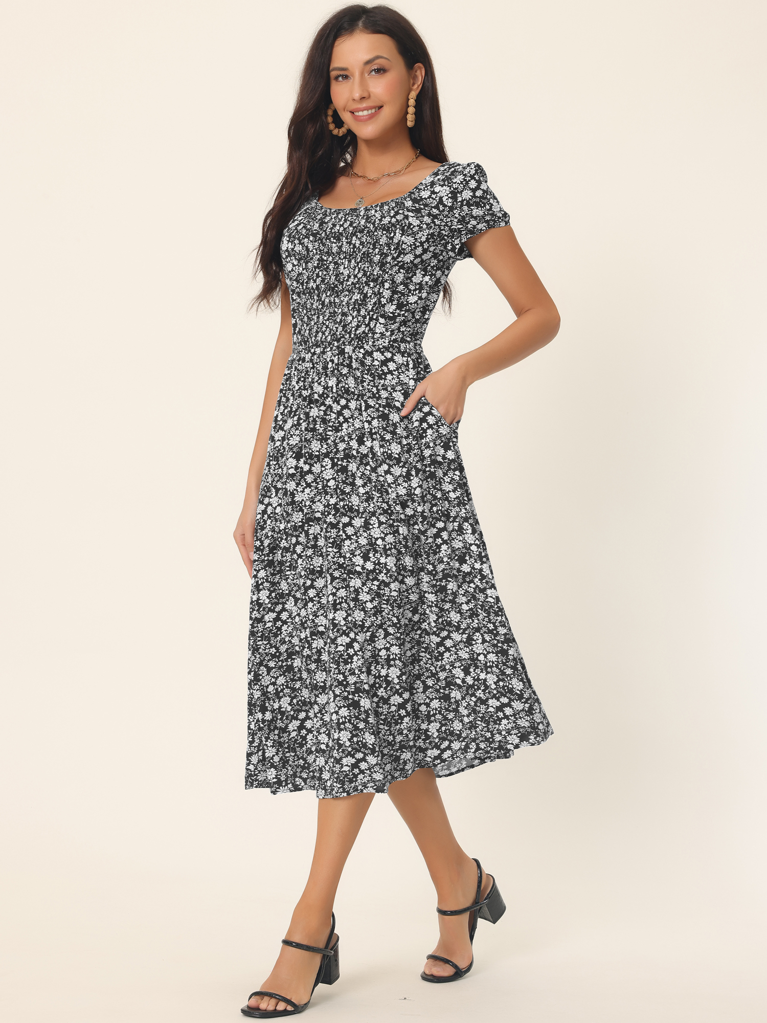DARING DIVA Crew Neck Short Sleeve Midi Floral Blouse M Black