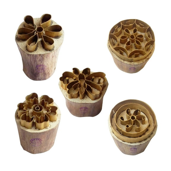 Royal Kraft Floral Brass Wooden Printing Stamps (Set of 5) - DIY Clay, Pottery Blocks BHtag0013