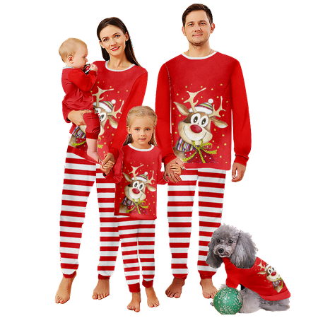 

FUNIER Family Christmas Pajamas Sets Reindeer Red White Stripe Printed Sizes Baby-Kids-Adult-Pet 2 Pieces Top and Pants Bodysuits Xmas Pjs Set