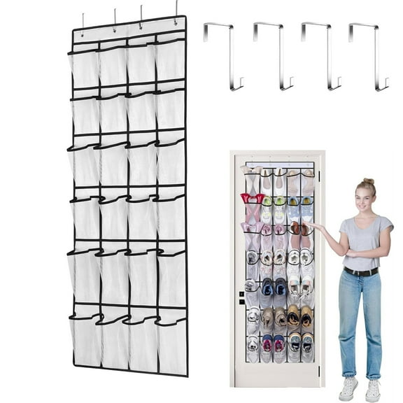 Tutuviw 24 Large Pockets Over The Door Shoe Organizer and 4 Metal Hook,Space Saving Shoe Hanging Rack Organizer for Door Closet Bathroom Hanging, Kitchen Storage Accessories