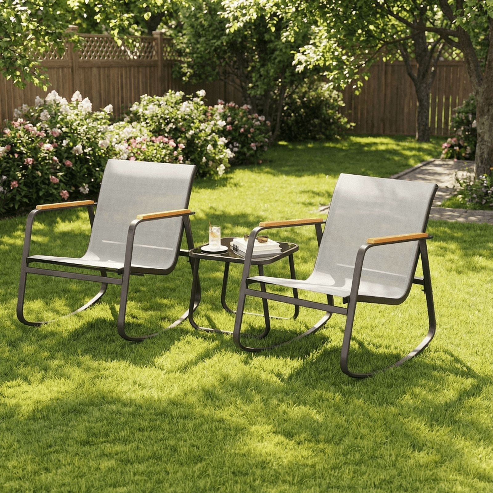 3 Piece Textilene Patio Set, Fabric Rocking Bistro Furniture, Front Porch Rocker Chairs with Tempered Glass Coffee Table, for Lawn, Garden, Balcony, Poolside, Gray