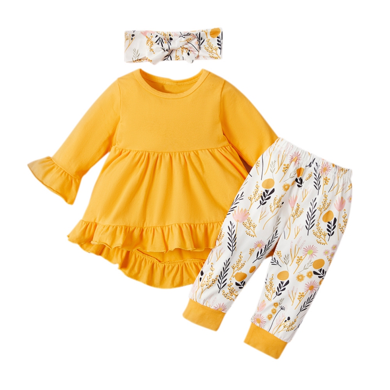 Baby Girls Three Piece Long Sleeve Dress + Pants + Hair Band Infant Set