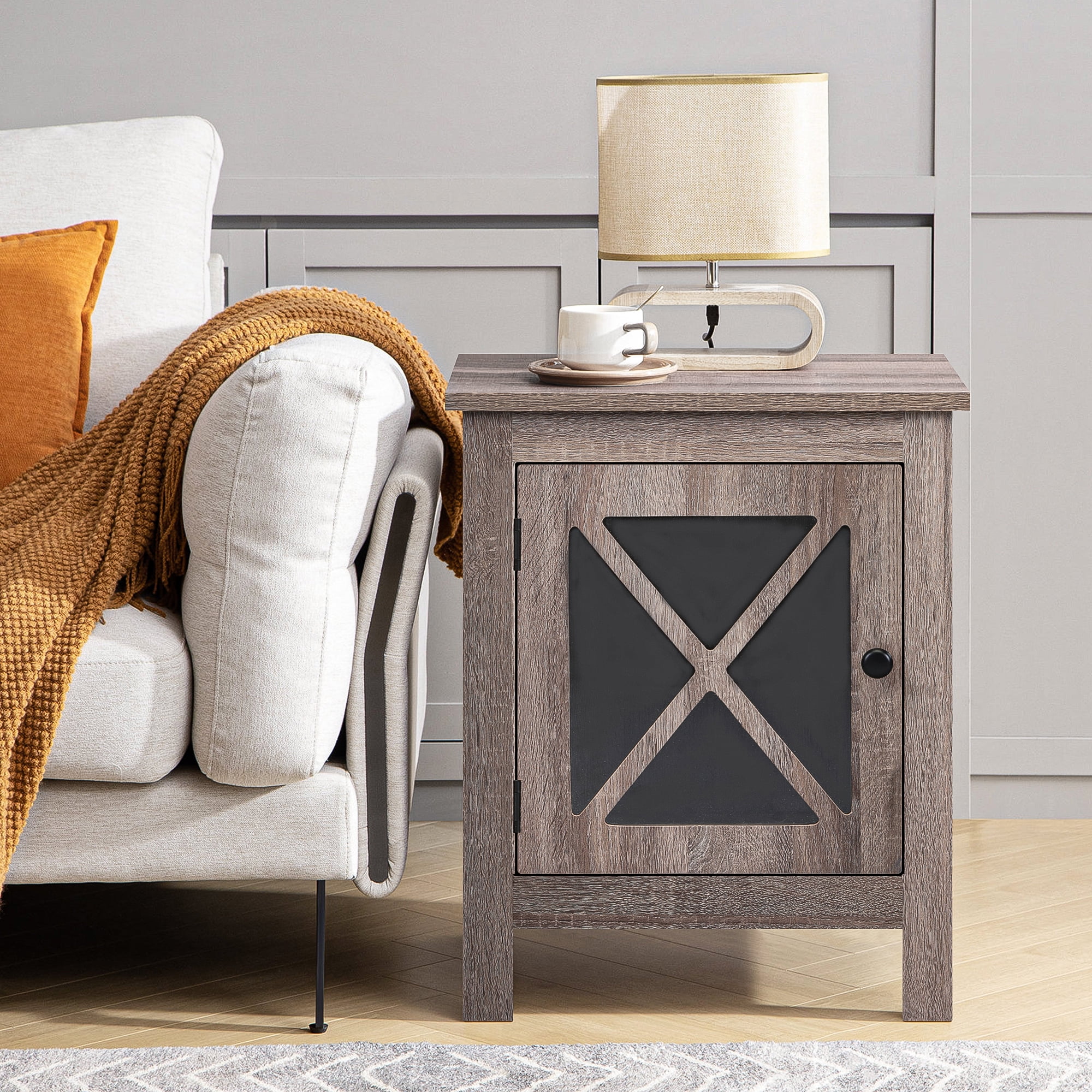 Spaco Nightstand Set of 2 Side Table End Table with X design glass Door , Light Gray Wood Spaco Nightstand Set of 2 Side Table End Table with X design glass Door , Light Gray Wood