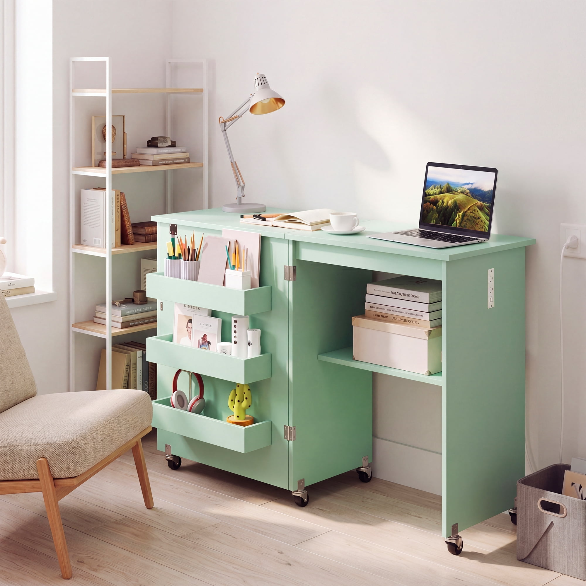 Costway Folding Sewing Machine Table with Power Outlets, 3 Storage Bins & Open Shelf Olive Green