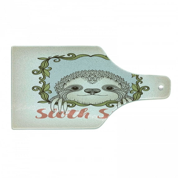 Sloth Cutting Board, Exotic Animal in Floral Frame Smile Theme Mammal Portrait, Decorative Tempered Glass Cutting and Serving Board, Wine Bottle Shape, Olive Green Blue Pink, by Ambesonne