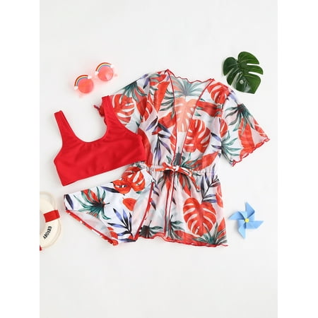 

3pack Toddler Girls Tropical Print Bikini Swimsuit Swimwear With Kimono S221904X Red 90(1-2Y)