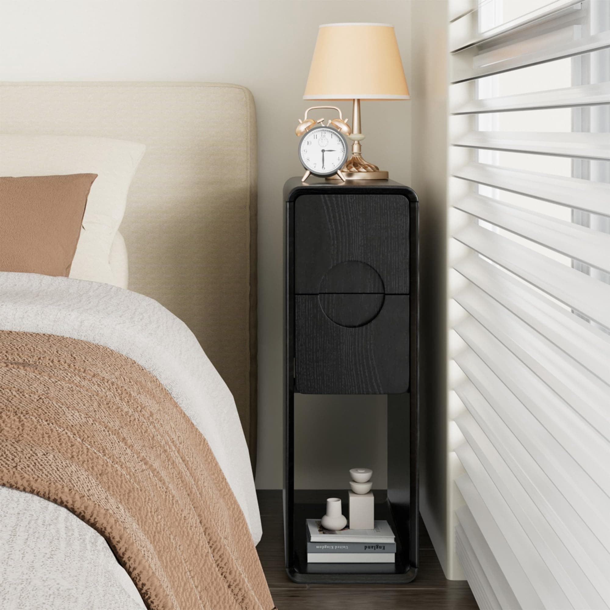 Narrow Nightstand Set of 2, Mid Century Walnut Wood Slim Bedside Table with Round Drawer, Black