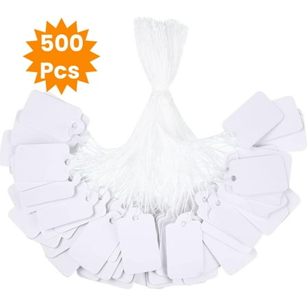 LQQBOX 500Pcs Price Tags with String Attached,Super Mini White Writable Merchandise Hang Tags,Price Labels Display Tags with String,Marking Strung Tags for Product Jewelry Clothing Tags