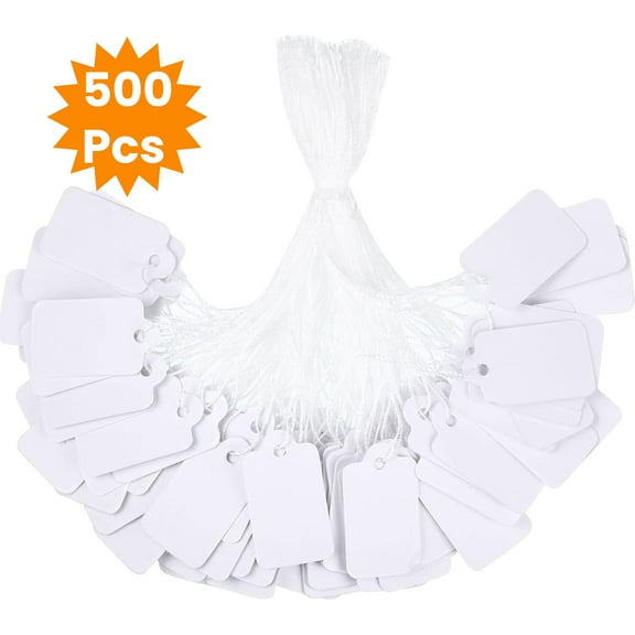 LQQBOX 500Pcs Price Tags with String Attached,Super Mini White Writable Merchandise Hang Tags,Price Labels Display Tags with String,Marking Strung Tags for Product Jewelry Clothing Tags