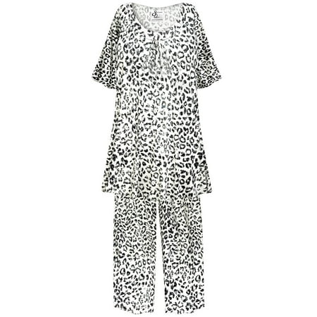

Plus Size Women’s Short Sleeve Sleepwear with Long Pants Soft Loungewear Black & White Leopard Print Pajama Set Extra Tall Extra Large