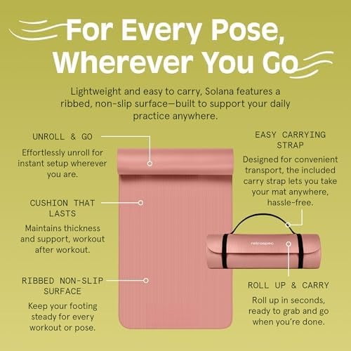 Solana Yoga Mat 1" Thick w/Nylon Strap for Men & Women - Non Slip Exercise Mat for Home Yoga, Pilates, Stretching, Floor & Fitness Workouts
