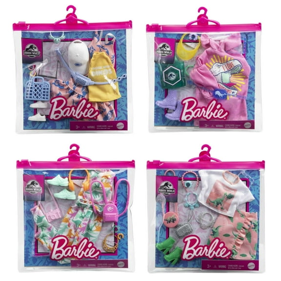 Barbie Fashion Doll Clothing Accessory Sets, Jurassic World, Multiple Outfits with Dinosaur Prints, Pink and Green Colors, 3 Years GWB08