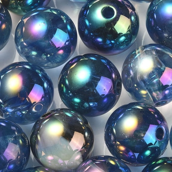 UV Plating Rainbow Iridescent Acrylic Beads Round Midnight Blue 15.5x15mm Hole: 2.7mm