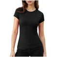 thumbnail image 1 of Women's Ribbed Knit Crewneck Tee, Short Sleeve Slim Fit Stretch Solid Color Summer Top,Black,XL, 1 of 9