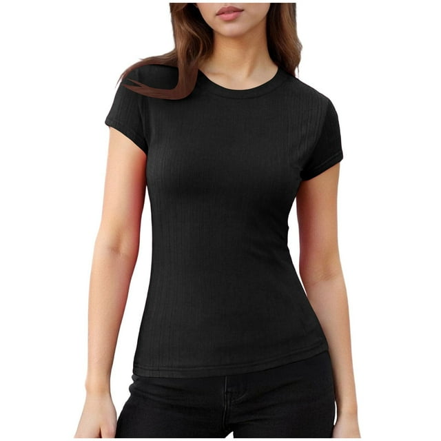 Women's Ribbed Knit Crewneck Tee, Short Sleeve Slim Fit Stretch Solid Color Summer Top,Black,XL