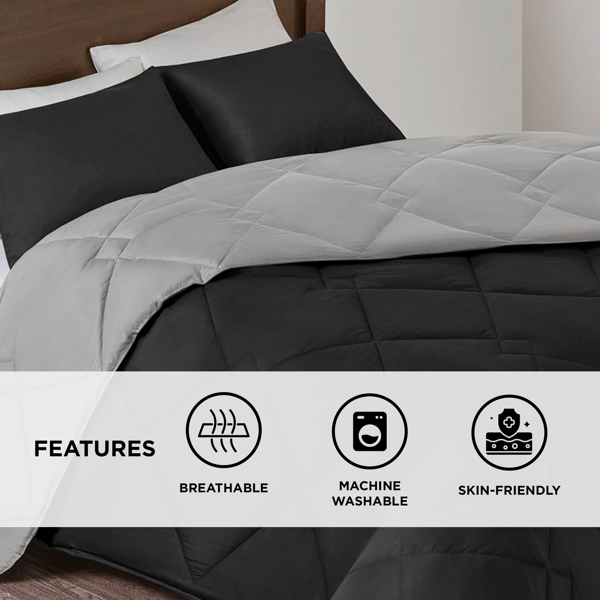 Comfort Spaces Full/Queen Size Comforter Sets, 3-Piece Reversible Bedding Set, Comforter Bed Set, Black/Grey