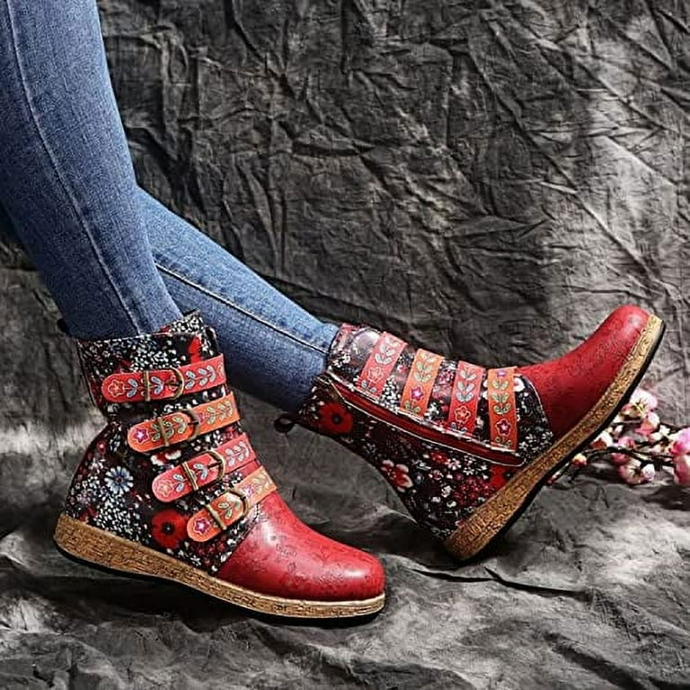 Women s Boots Boho Vintage Denim Flower Design Round Toe Hidden Heels Wedge Low Heels Ankle Booties Bohemian Casual Winter Fall Dress Short Boots For Women Travel Walmart