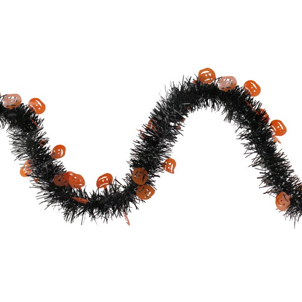 50' Black with Orange Jack O Lanterns Halloween Tinsel Garland - Unlit