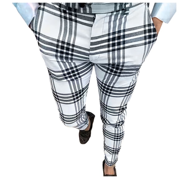 XINPING Men's Stretch Pants Plaid Print Business Casual Slim Fit Loose Pants