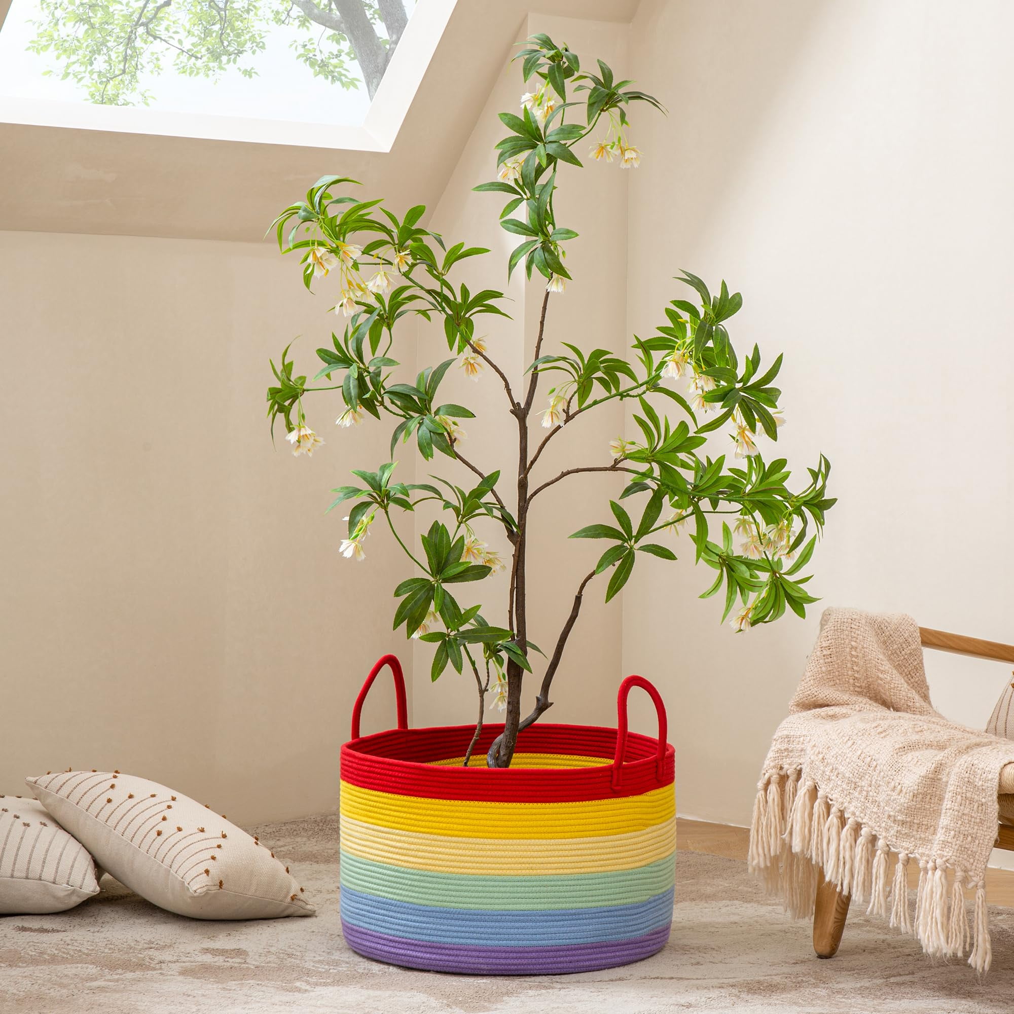 Large Blanket Basket (20"x13"),Woven Baskets for storage Baby Laundry Hamper, Cotton Rope Blanket Basket