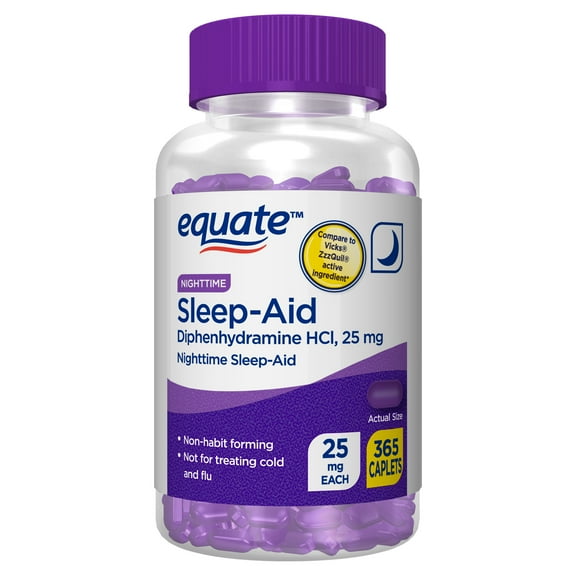 Equate Nighttime Sleep-Aid Diphenhydramine HCl 25mg Caplets for Nighttime Sleep Support, 365 Count, Compare to VICKS® ZzzQuil® Active Ingredient