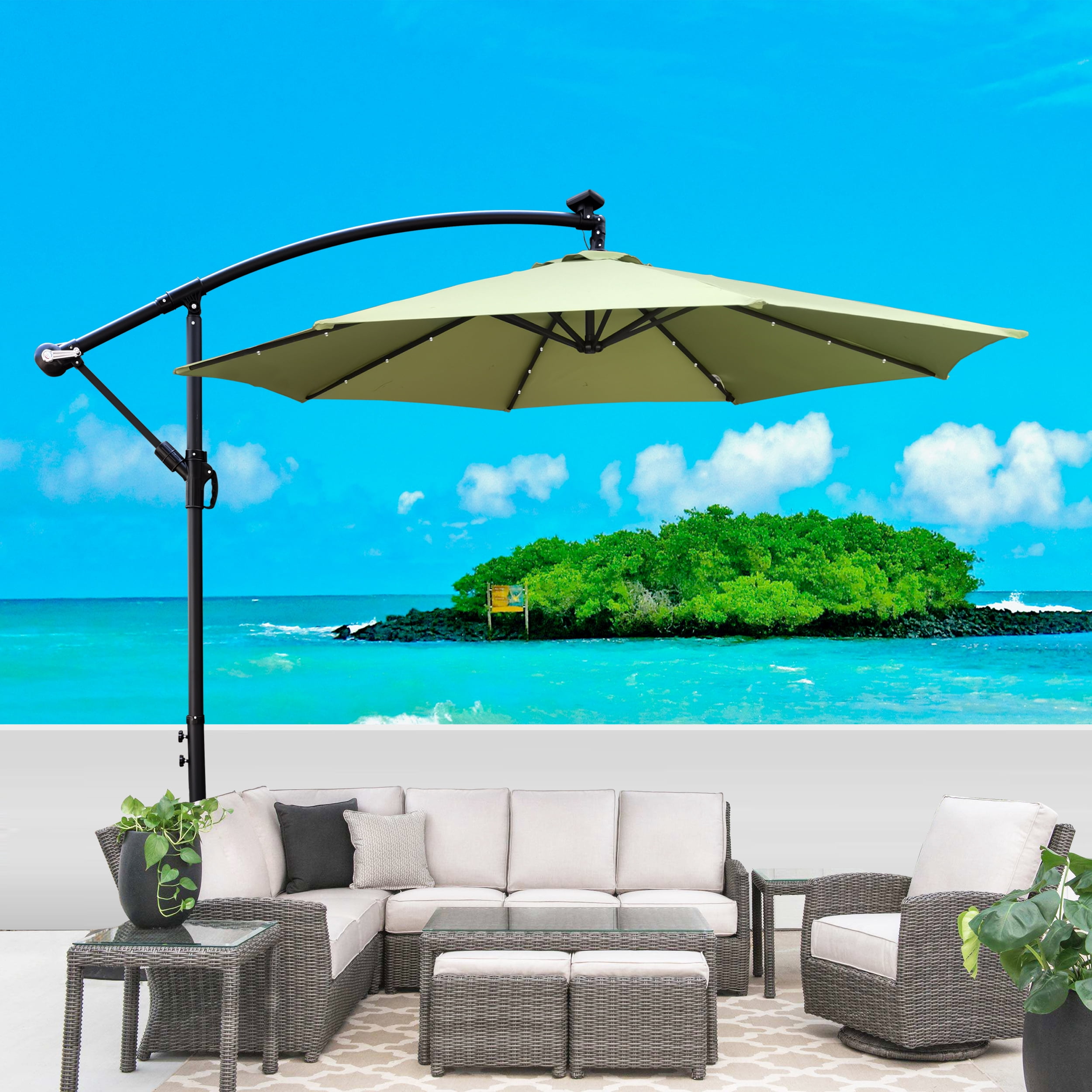 Jopath 10ft Patio Umbrella Solar Powered LED Lighted with Crank and Cross Base,Waterproof Market Umbrella for Garden Deck Backyard Pool Shade,Lime green