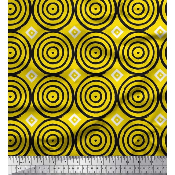 Soimoi Crepe Silk Fabric Diamond & Circle Block Print Fabric by The Yard 42 Inch Wide