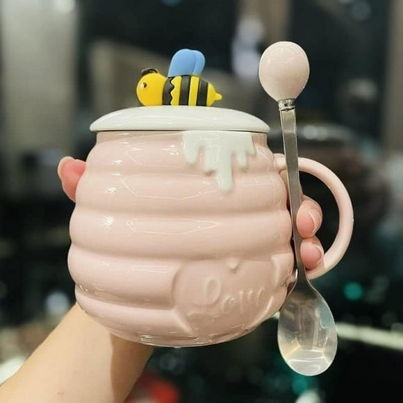 400ml Bee Mug Cute 3D Relief Ceramic Cup Creative Kitchen Office Coffee Milk Tea Cup with Cover and Spoon (Light Pink)