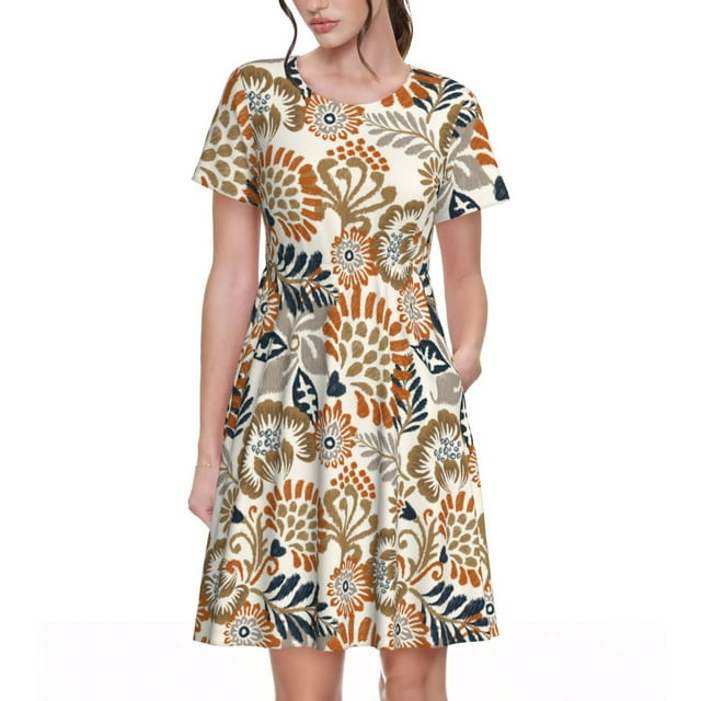 Bixox Robe d'Été à Manches Courtes pour Femmes Robe Ample Longueur Genou avec Poches-Floral Paisley
