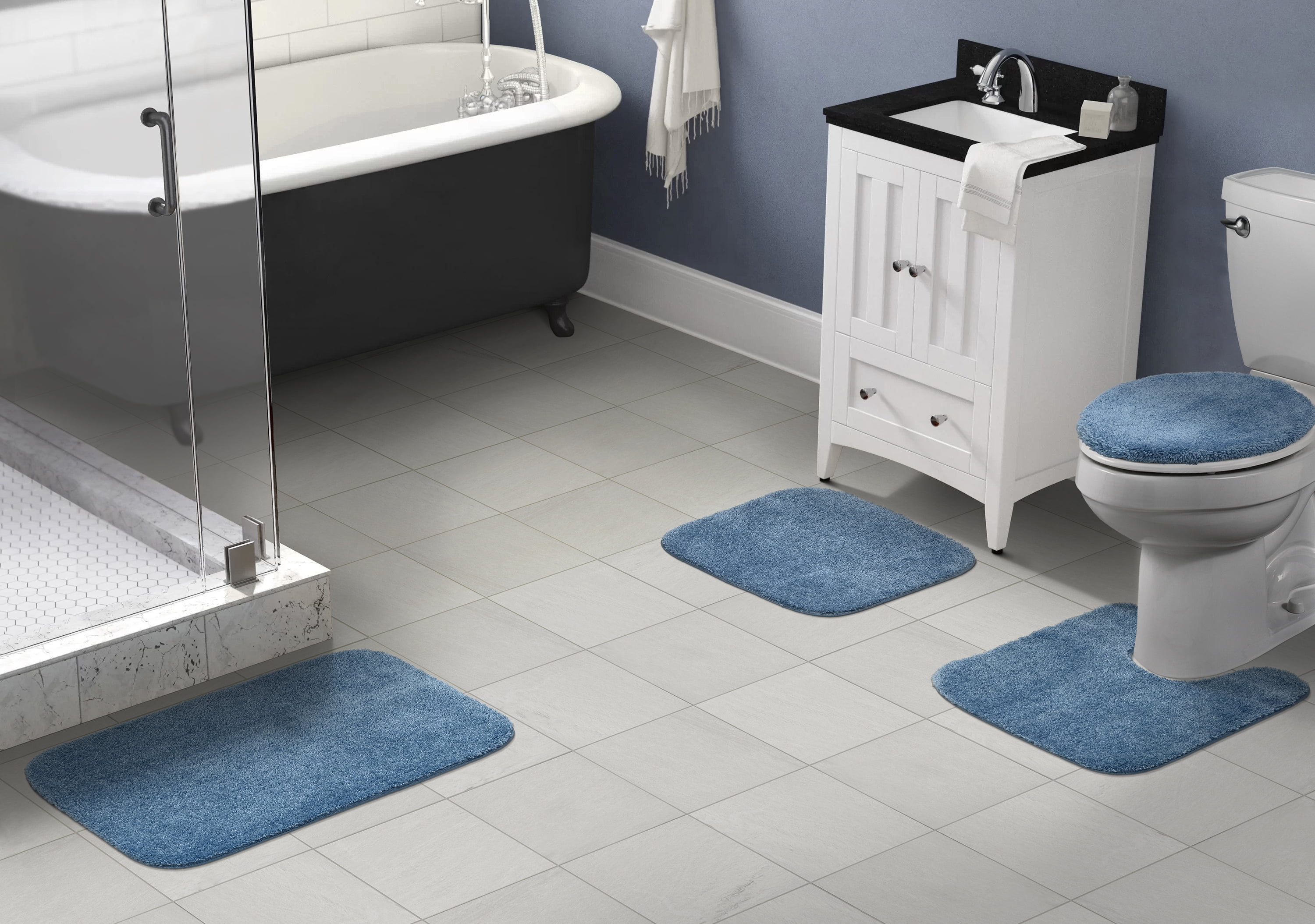 Garland Rug Traditional Washable Bath Rug Set, 4 Piece Set (2 Bath Rugs, Contour, & Lid) Basin Blue