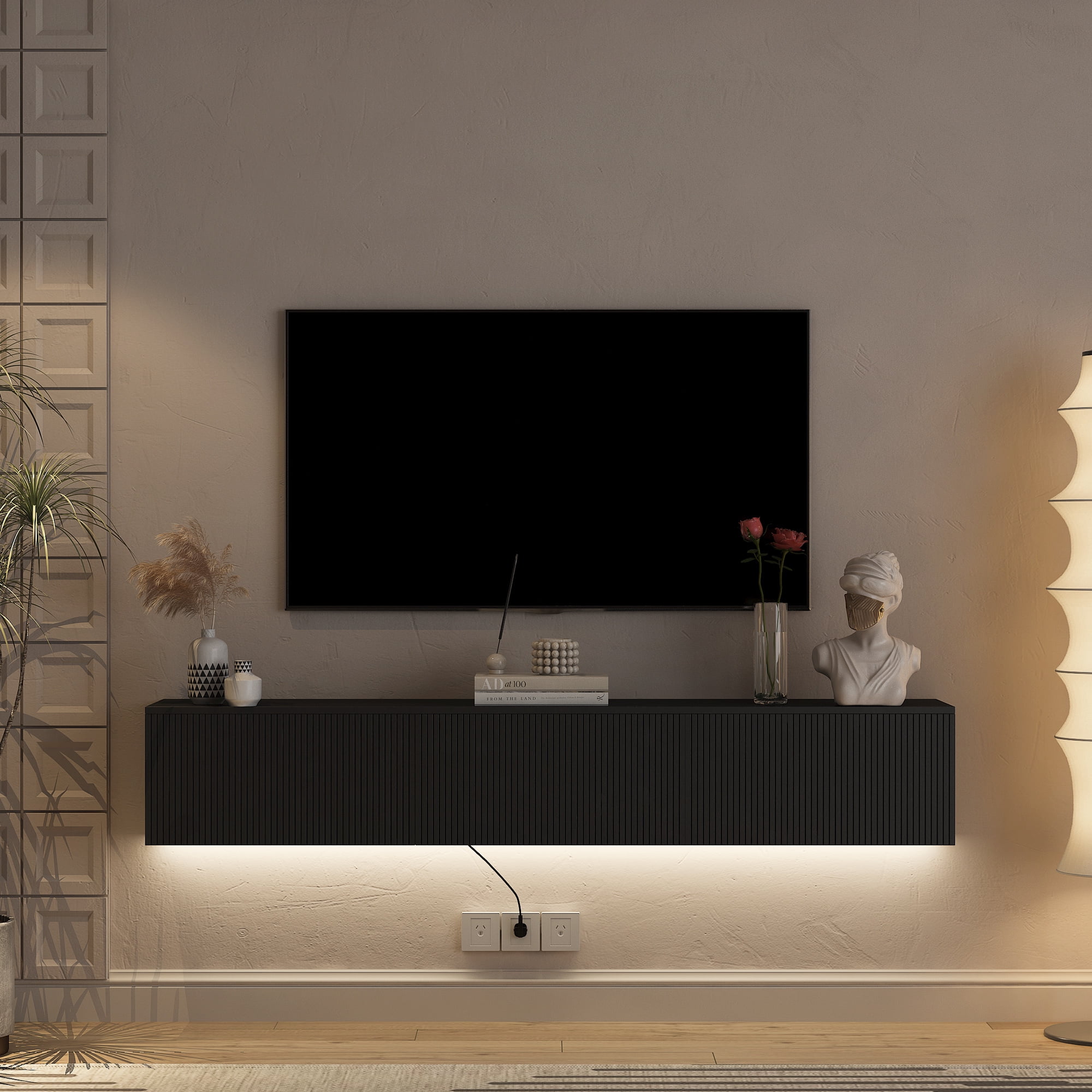 69" Black Floating Wall Mounted TV Stand with 16-Color LED Lights, Modern Entertainment Center for 55/60/65 Inch TVs