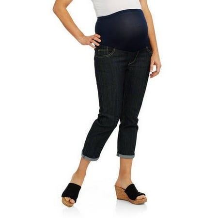 Maternity Over Belly Cotton Denim 5 Pocket Wide Roll Cuff Capri Back Pocket Embellished
