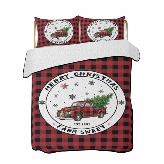 Quilt King Size Bedding Set, Christmas Reversible Summer Quilt 3 Pieces, Red Black Plaid Winter Truck Snowflake Pine Tree Lightweight Bedspreads Coverlets with 2 Pillow Shams for All Seasons