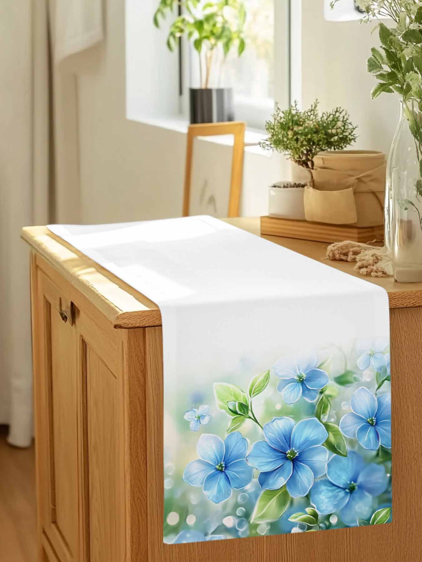 Watercolor Spring Blue Flower Green Leaves Table Runner 90 Inches Long, Pastoral Floral Table Runners Tabletop Scarf Kitchen Dining Tables Decoration for Home Party Indoor Outdoor