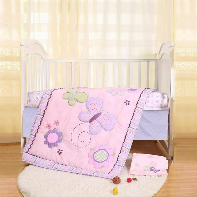 Sweet Baba Ensemble de Literie de Bassinette en Coton à 4 Pcs avec Papillons, Ensemble de Bassinette Rose pour Bébés Filles, Ensemble de Chambre de Bébé en Microfibre Imprimée Incluant Couette/jupe/2 Draps de Bassinette