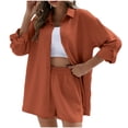 thumbnail image 1 of Mikilon Ensemble Élégant pour Femmes 2 Pcs Mode Col à Revers Bouton Poche Chemise à Manches Longues Short Large Deux Pièces Mode et Confortable Ensemble Col à Revers Marron L, 1 of 8