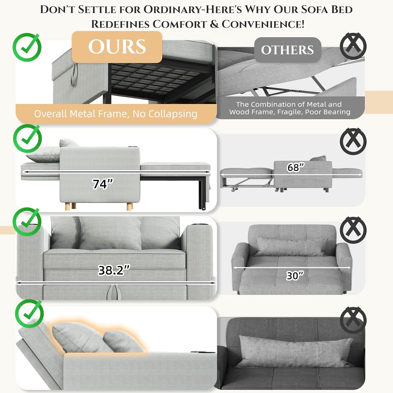 AECOJOY Sofa Bed, 38" Extra-Wide 3-in-1 Convertible Pull-Out Single Sofa with Adjustable Backrest and Cup Holder, Light Grey