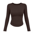 thumbnail image 4 of BLVB Womens Long Sleeve Basic Shirt Crew Neck Ruched Fitted Fall Tops Soft Stretch Undershirts Base Layer Clothing(Brown,Large), 4 of 9